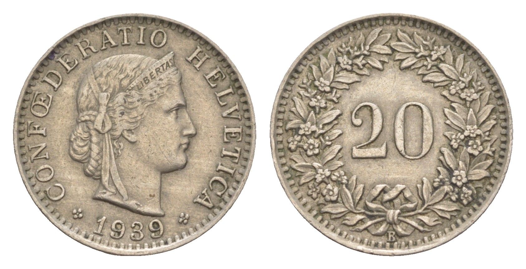 Швейцария 20 раппенов 1939 B KM 29a медно-никель 4643-348