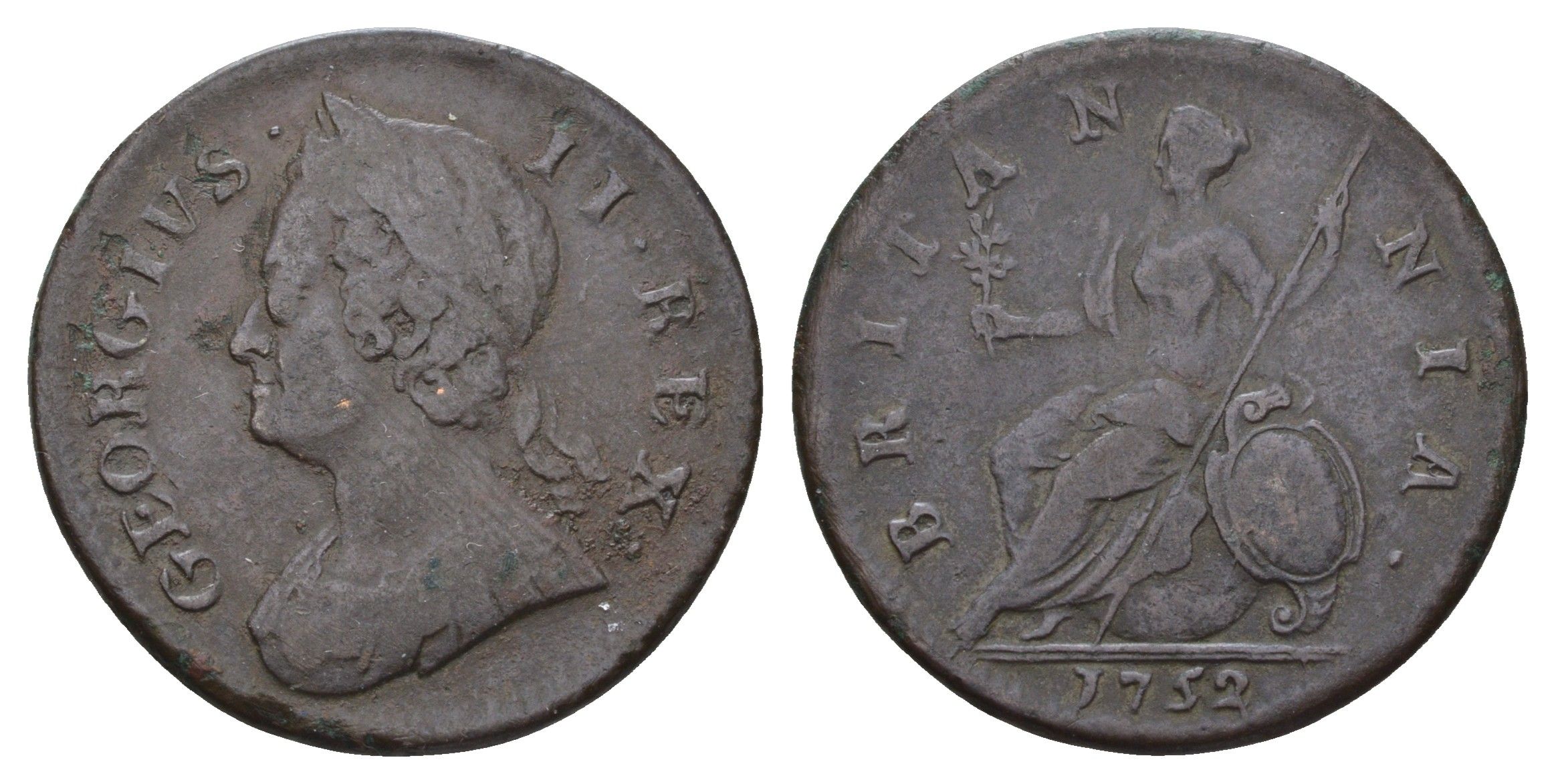 Великобритания 1/2 пенни 1752 Георг II (1727-1760) KM 579.2, Spink 3719 медь 603-1313