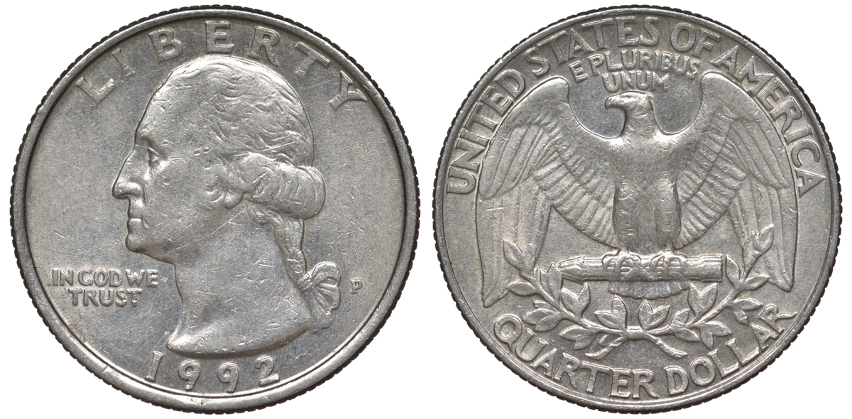США 25 центов (квотер) 1992 P, Вашингтон KM A164a медь плакированная медно-никелем 4543-1246