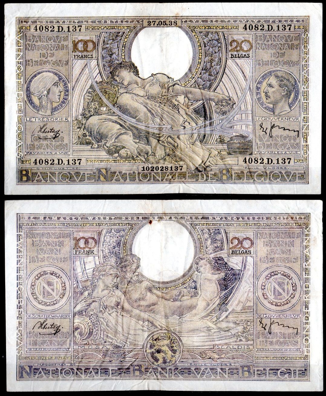 Бельгия 100 франков 1938 Pick 107 (3) бумага 7457-33-2-1