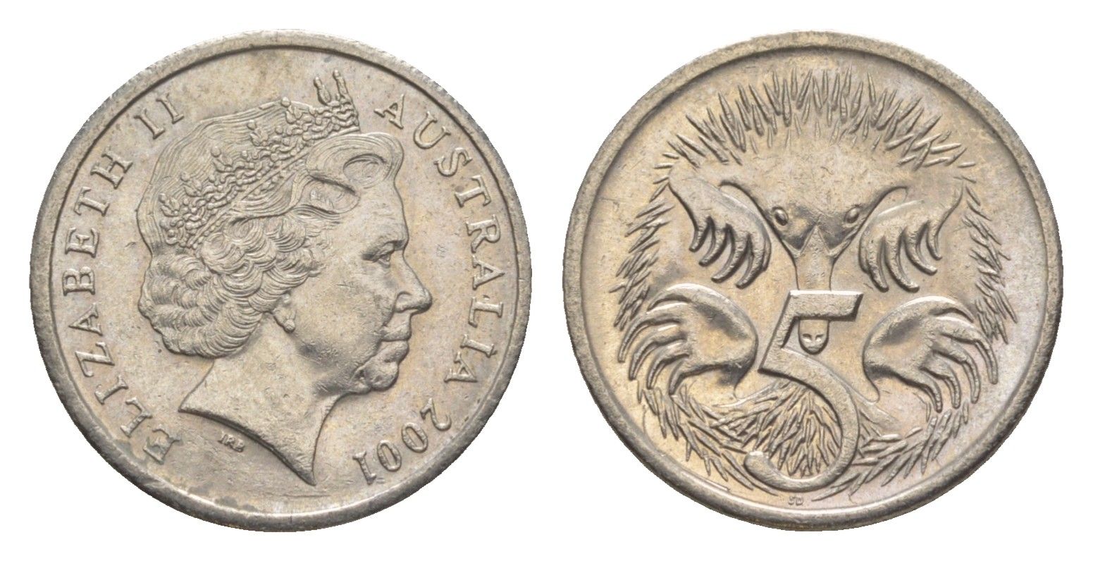 Австралия 5 центов 2001 Елизавета II (1952-2022), ехидна KM 401 медно-никель 4154-254