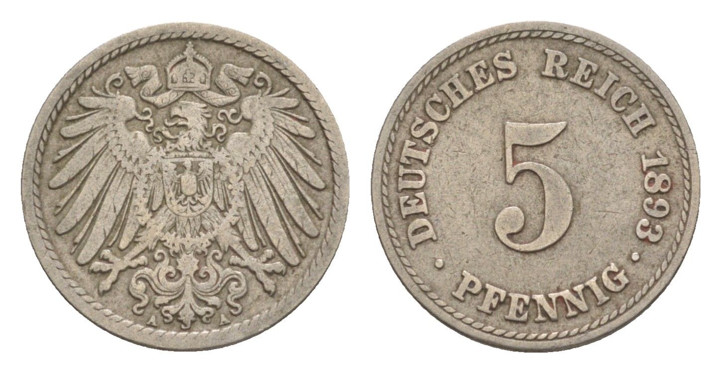 Германия 5 пфеннигов 1893 A, Вильгельм II (1888-1918) KM 11, J. 12 медно-никель 4639-1259