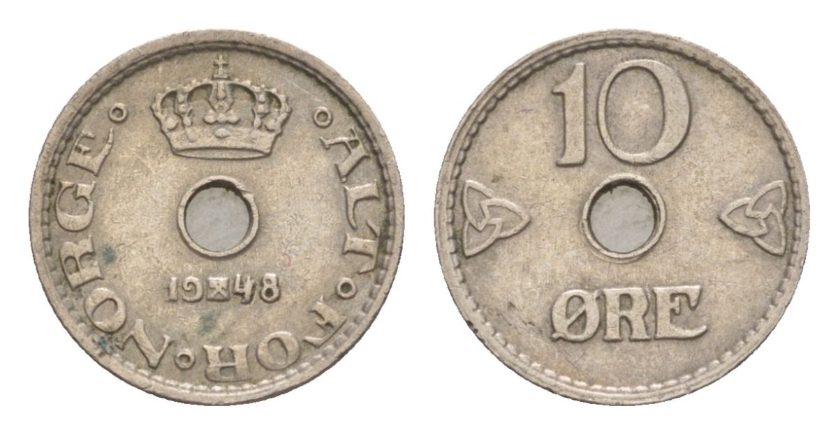 Норвегия 10 эре 1948 Хокон VII (1905-1957) KM 383 медно-никель 4632-1136