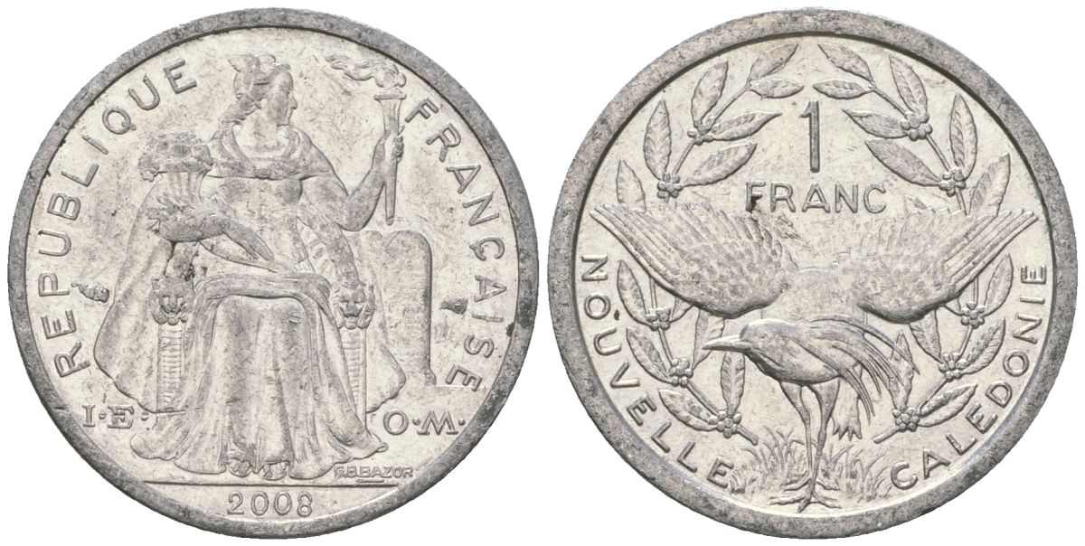Французская Новая Каледония 1 франк 2008 птица кагу, (IEOM) KM 10, Schoen 10 алюминий 55-533