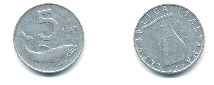 ИТАЛИЯ 5 ЛИР 1955 R, РУЛЬ, ДЕЛЬФИН KM 92 алюминий 86-944