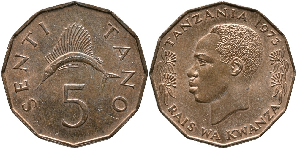 ТАНЗАНИЯ 5 СЕНТИ 1973 ПРЕЗИДЕНТ ДЖУЛИУС НЬЕРЕРЕ, ТУНЕЦ ПАРУСНИК KM 1 бронза 4529-841