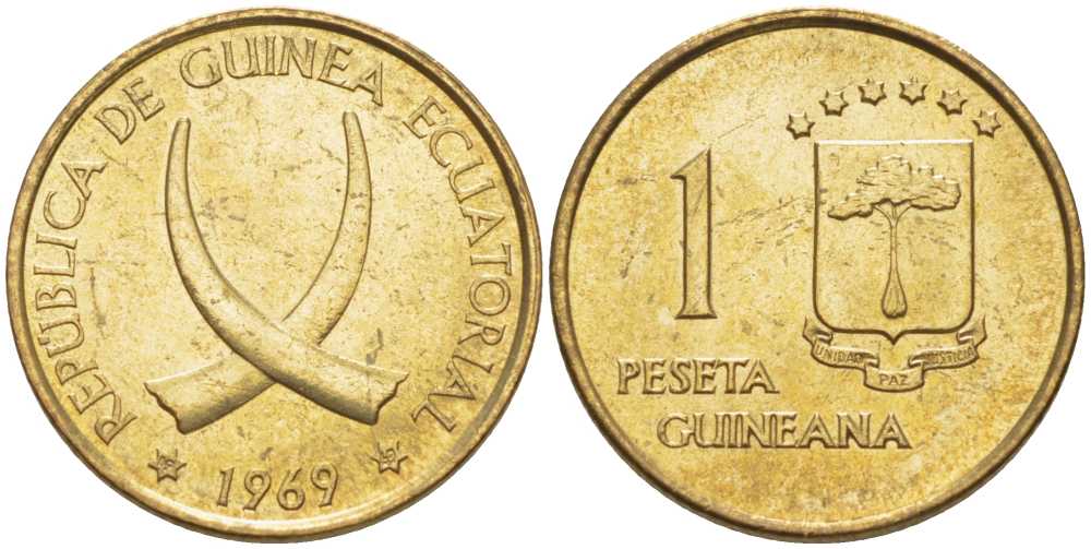 Экваториальная Гвинея 1 песета 1969 республика, диаметр 19,5 мм. KM 1 алюминиевая бронза UNC 4398-945