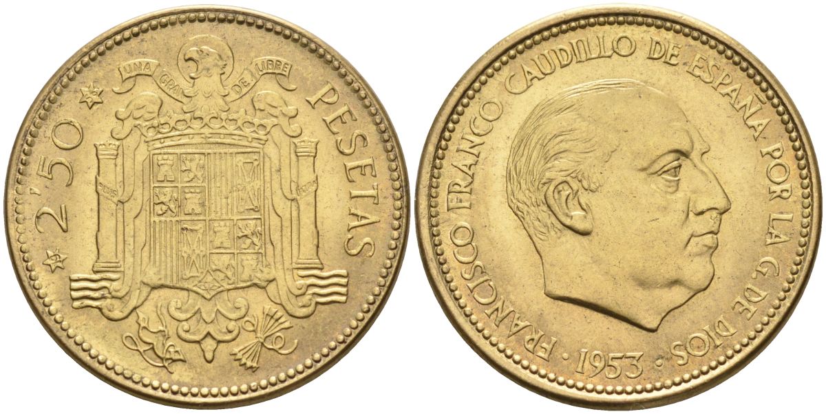 Испания 2,5 песеты 1953 (56) Франциско Франко (1939-1975) KM 785 алюминиевая бронза 4592-934