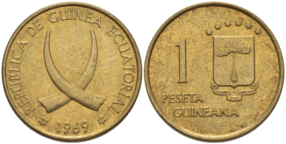 Экваториальная Гвинея 1 песета 1969 республика, диаметр 19,5 мм. KM 1 алюминиевая бронза 66-755