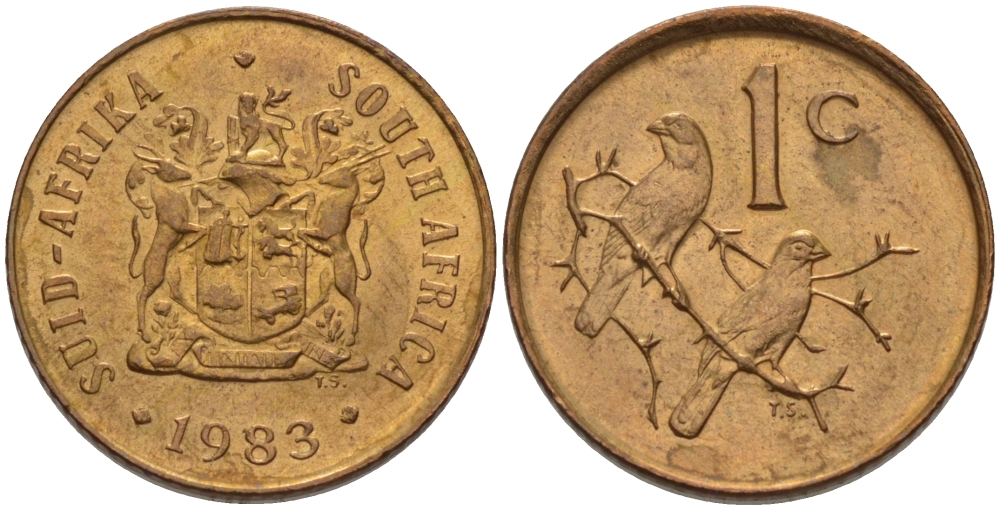 ЮАР 1 цент 1983 герб, капские воробьи KM 82 бронза UNC 66-263