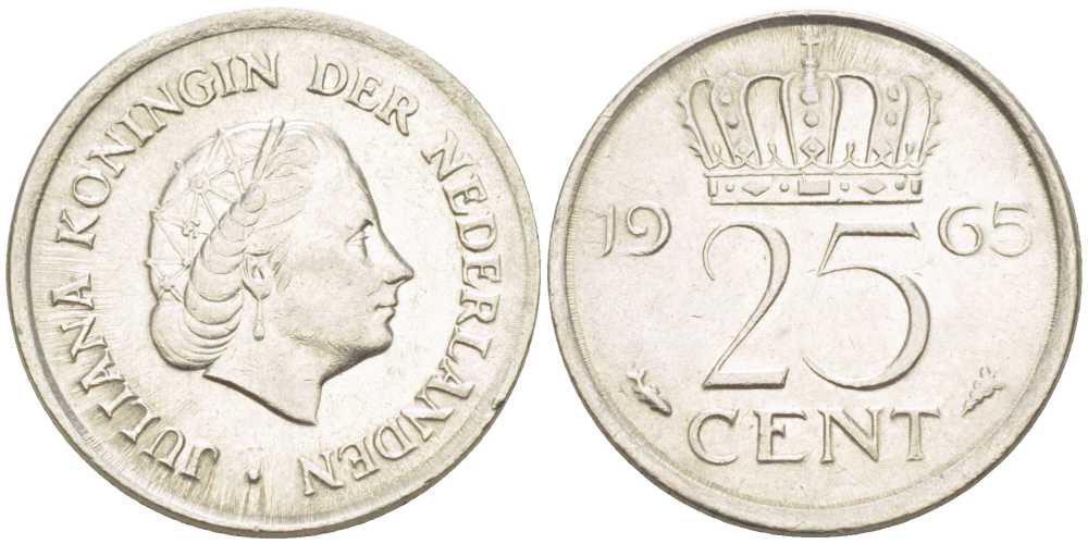 Нидерланды 25 центов 1965 Юлиана (1949-1980) KM 183 никель 214-941