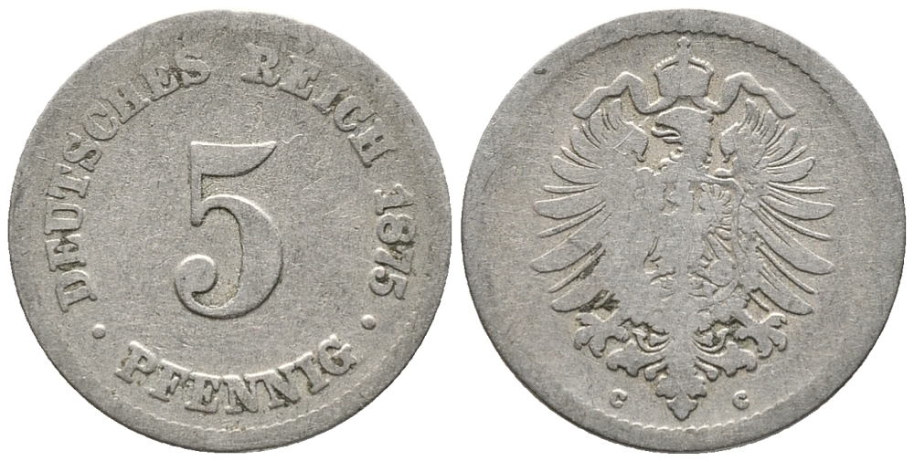 Германия 5 пфеннигов 1875 C, старогербовка KM 3, Jager 3, Weege 5 медно-никель 39-351