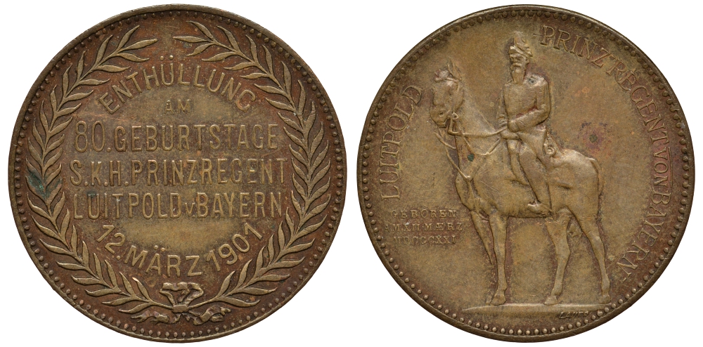 БАВАРИЯ МЕДАЛЬ 1901 80 ЛЕТ ПРИНЦУ РЕГЕНТУ БАВАРИИ ЛУИТПОЛЬДУ бронза 1520-224
