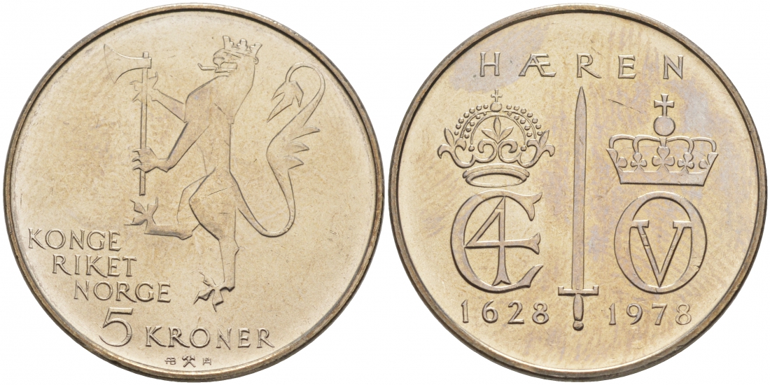 Норвегия 5 крон 1978 350 лет Норвежской армии KM 423 медно-никель UNC M11-18