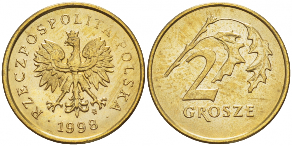 Польша 2 гроша 1998 MW KM 277, Parchimowicz 702e латунь UNC 4516-1135