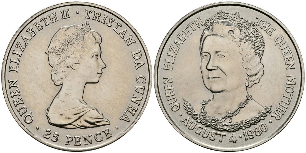 Тристан-да-Кунья 25 пенсов 1980 80 лет со дня рождения Королевы-Матери KM 3 медно-никель UNC 4184-1115