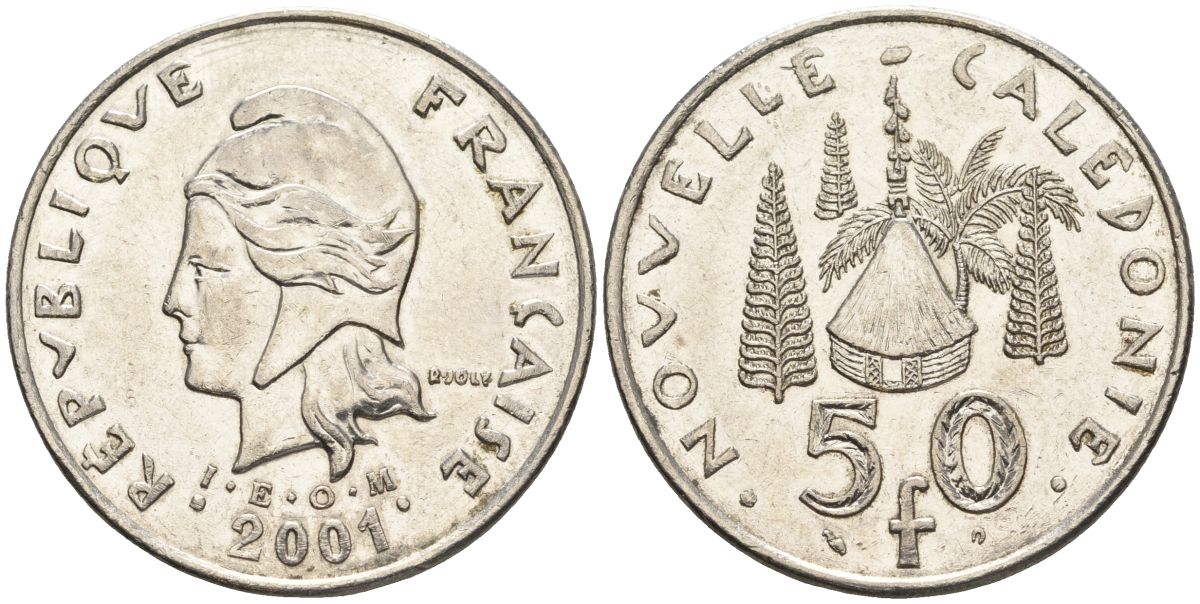 Французская Новая Каледония 50 франков 2001 хижина среди сосен и пальм, (IEOM) KM 13, Schoen 15, Lec 121 никель 4123-841