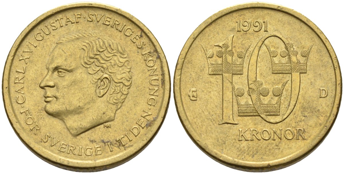 Швеция 10 крон 1991 D, Карл XVI Густав (1973- ) KM 877 медь алюминий цинк 4592-132