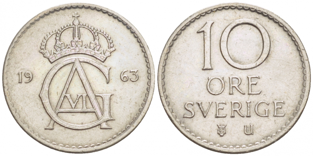 Швеция 10 эре 1963 U Густав VI Адольф (1950-1973) KM 835 медно-никель 3996-1026