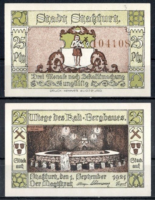 Штасфурт (Пруссия, Саксония) 25 пфеннигов 1921 Mehl Grabowski 1256.2c-3/6 бумага UNC (пресс) 7556-68-3-1