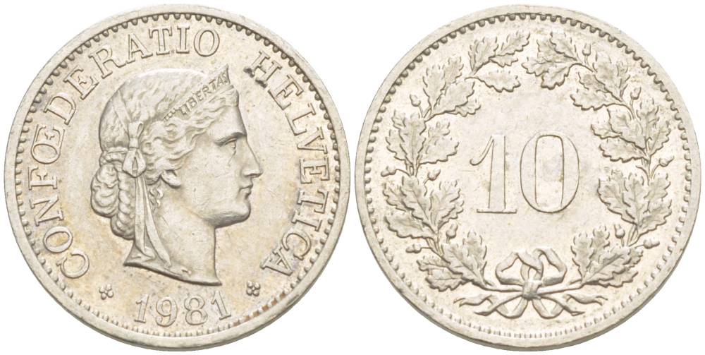 Швейцария 10 раппенов 1981 KM 27 медно-никель 4529-652