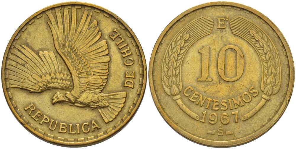 Чили 10 сентесимо 1967 Е KM 191 алюминиевая бронза 180-726