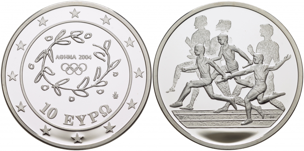 Греция 10 евро 2003 XXVIII летние Олимпийские игры 2004 года в Афинах, легкая атлетика, эстафета KM 196 серебро PROOF 00-000