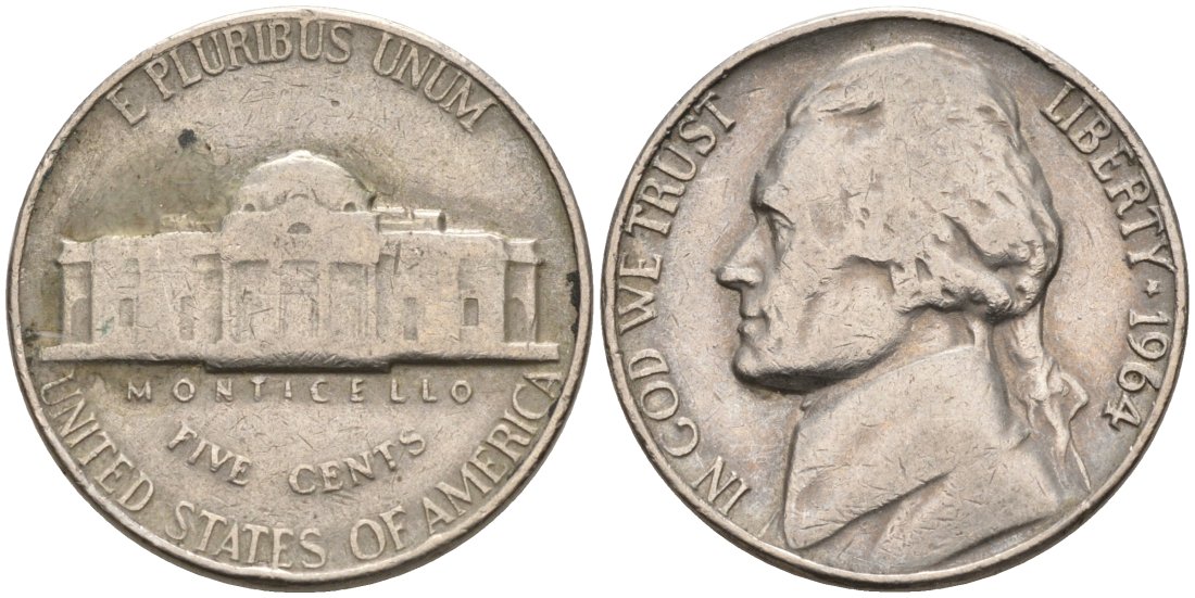 США 5 центов 1964 Джефферсон KM А192 медно-никель 92-1056