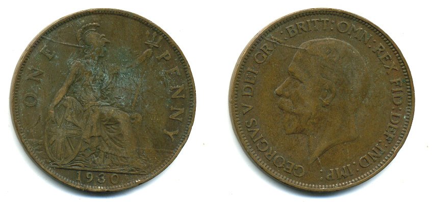 Великобритания 1 пенни 1930 Георг V (1910-1936) КМ 838, Spink 4055 бронза 41-1035