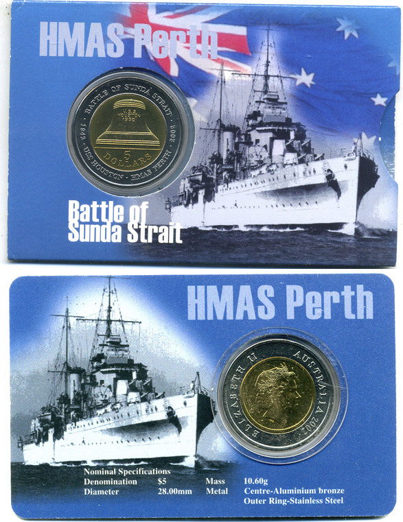 АВСТРАЛИЯ 5 ДОЛЛАРОВ 2002 60 ЛЕТ СРАЖЕНИЮ В ЗОНДСКОМ ПРОЛИВЕ (1942-2002), В ОРИГИНАЛЬНОМ БУКЛЕТЕ KM 601 биметалл UNC 06-081-77