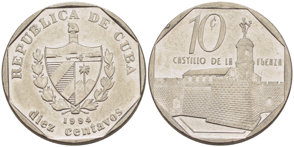 Куба 10 сентаво 1994 форт в Гаване Ла-Фуэрса KM 576.1 сталь плакированная никелем 66-662