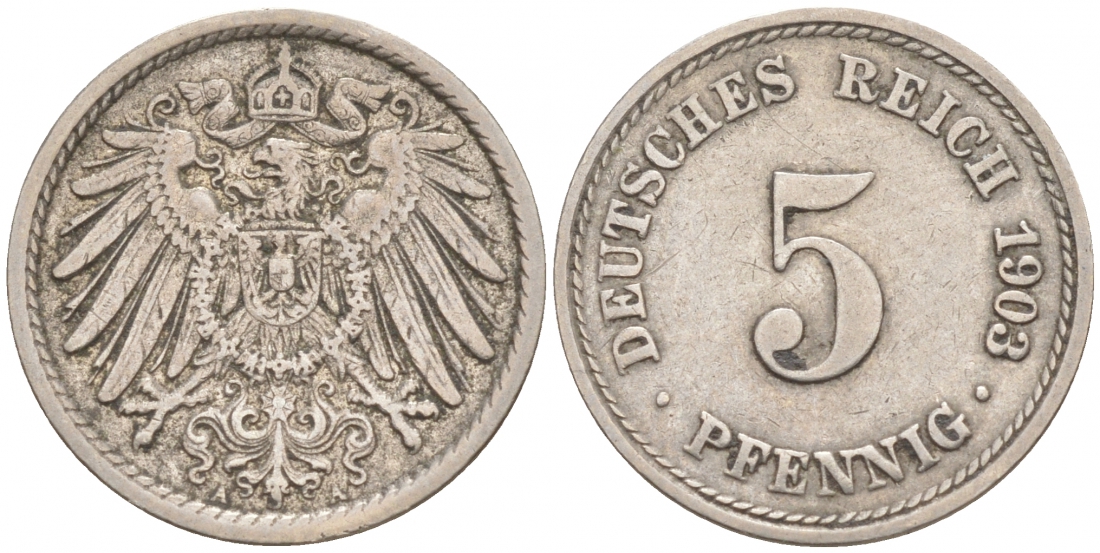 ГЕРМАНИЯ 5 ПФЕННИГОВ 1903 A, KM 11, J. 12 медно-никель 73-1748