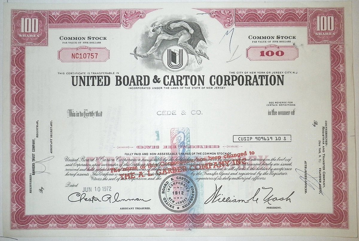 США, United Board & Carton Corporation 100 акций 1972 бумага 00-00