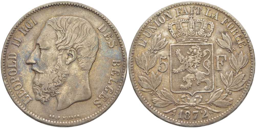 Бельгия 5 франков 1872 Леопольд II (1865-1909) KM 24 серебро 5010-921