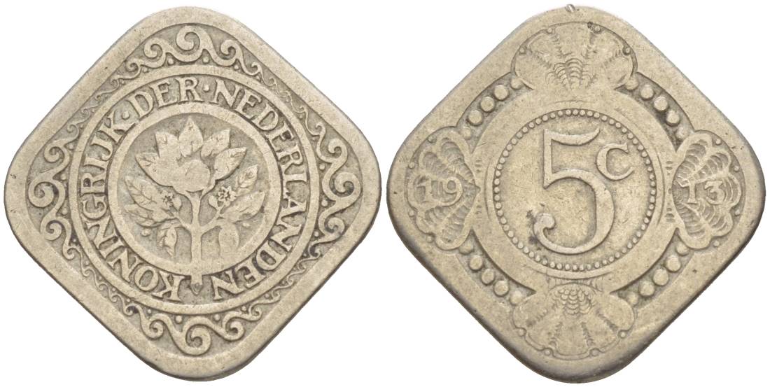 НИДЕРЛАНДЫ 5 ЦЕНТОВ 1913 ВИЛЬГЕЛЬМИНА I (1891-1948) KM 153 медно-никель 219-631