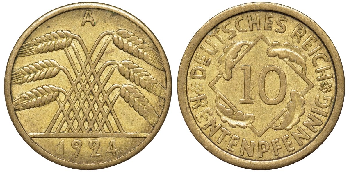 Германия 10 рентенпфеннигов 1924 A KM 33, J .309, Weege 8 алюминиевая бронза 4132-511