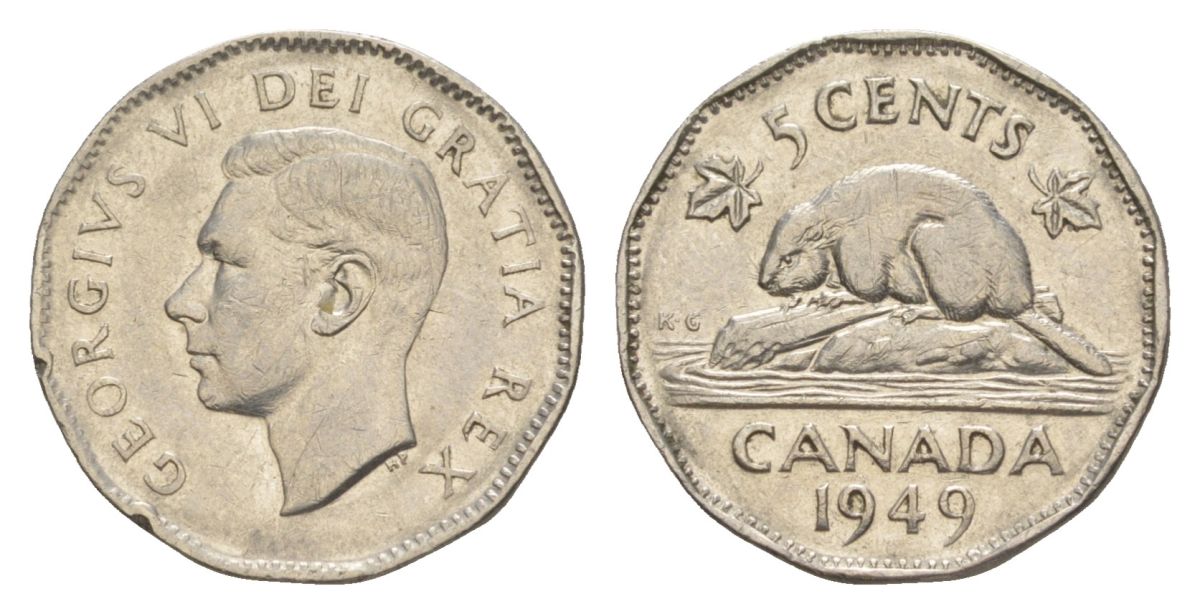 Канада 5 центов 1949 Георг VI (1936-1952), бобр KM 42 никель 4630-654