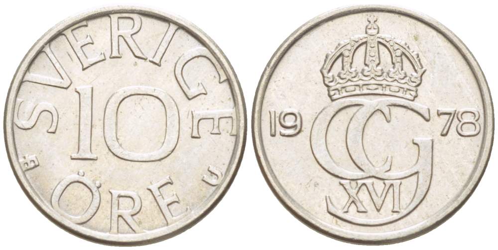 Швеция 10 эре 1978 U, Карл XVI Густав (1973- ) KM 850 медно-никель 4516-945
