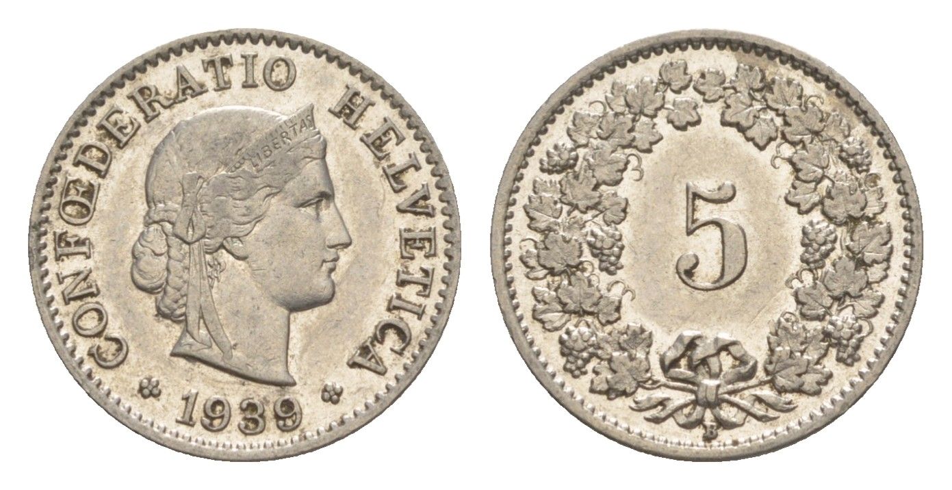 Швейцария 5 раппенов 1939 B KM 26 медно-никель 4627-164