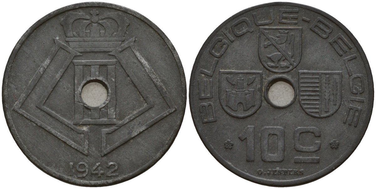 Бельгия 10 сантимов 1942 Belgique - Belgie, Леопольд III (1934-1947), германская оккупация, Вторая мировая война KM 125 цинк 4161-321