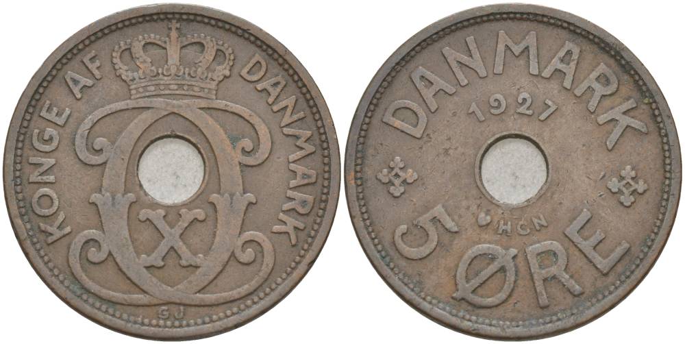 ДАНИЯ 5 ЭРЕ 1927 N; GJ, КРИСТИАН X (1912-1947) KM 828.2 бронза 69-533