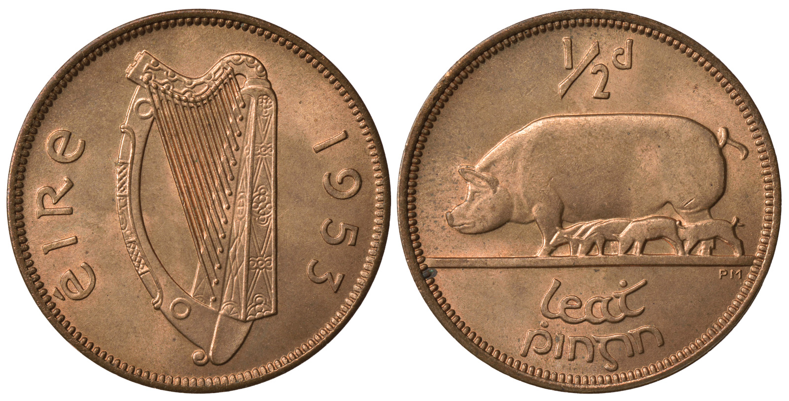 ИРЛАНДИЯ 1/2 ПЕННИ 1953 СВИНЬЯ С ПОРОСЯТАМИ KM 10 бронза UNC 4393-1253