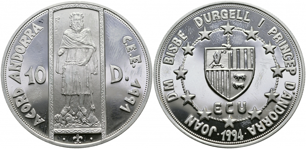 Андорра 10 динеров 1994 таможенный союз ECU, король Арагона и Валенсии, граф Барселоны Педро III KM 99 серебро PROOF 1095-4-31