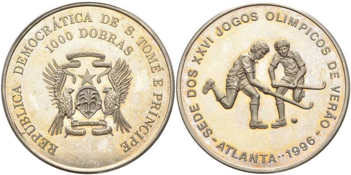 Сан-Томе и Принсипи 1000 добра 1996 XXVI Олимпийские игры 1996 года в Атланте, хоккей на траве KM 60 медно-никель PROOF 4368-1011