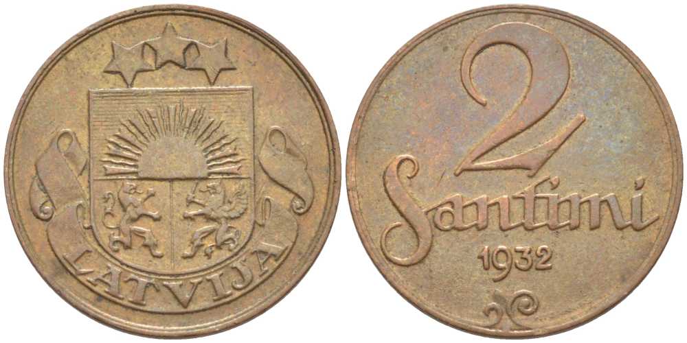 ЛАТВИЯ 2 САНТИМА 1932 ПЕРВАЯ РЕСПУБЛИКА (1918-1939) KM 2 бронза 119-143