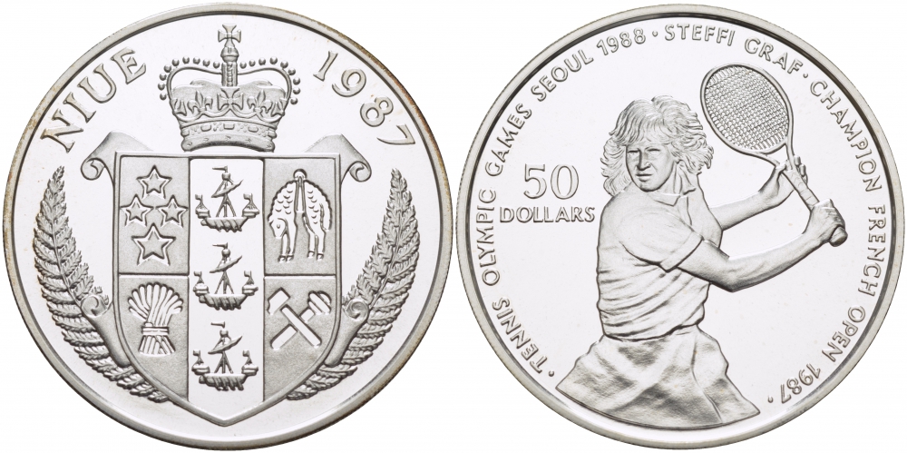 Ниуэ 50 долларов 1987 Олимпийские игры 1988 года в Сеуле, Штеффи Граф, теннис KM 6 серебро PROOF 11-090-32