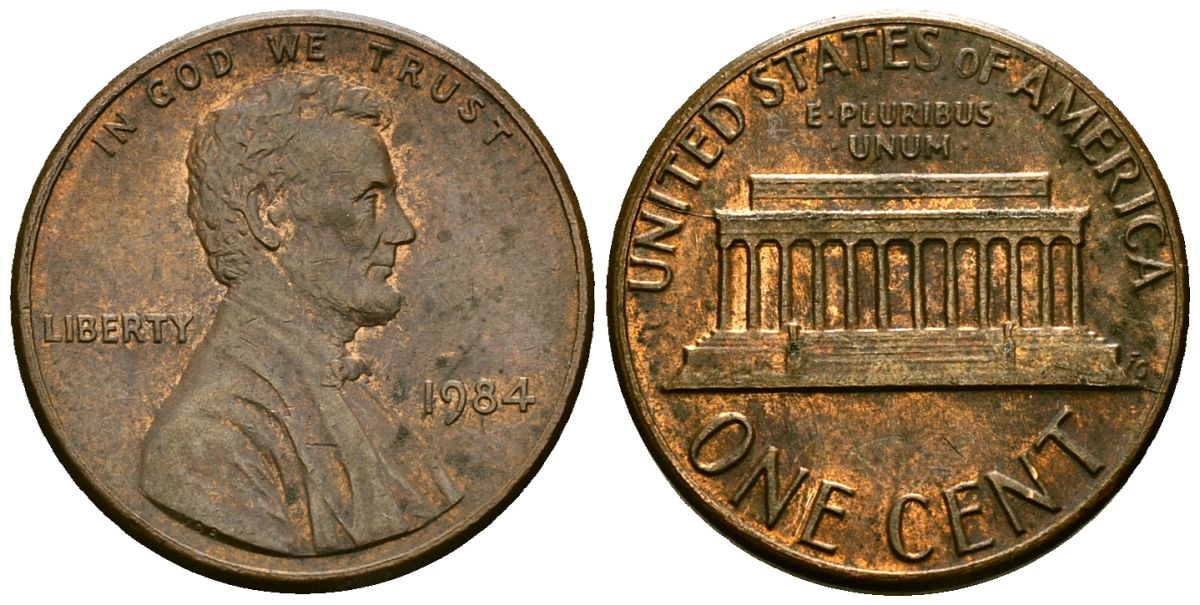США 1 цент 1984 Линкольн KM 201b цинк плакированный медью 4136-253