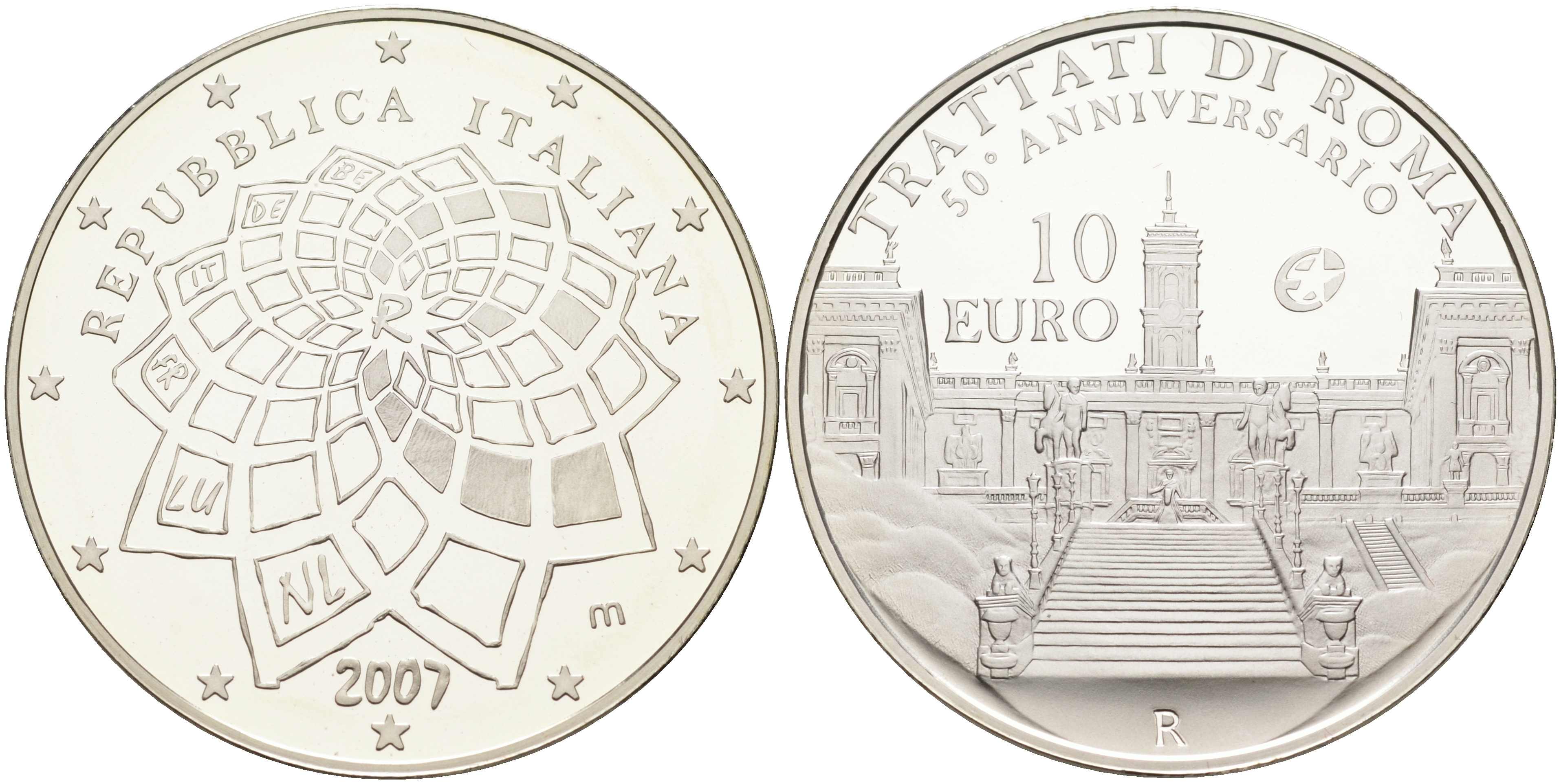 Италия 10 евро 2007 50 лет Римскому договору KM 295 серебро PROOF 06-281-22