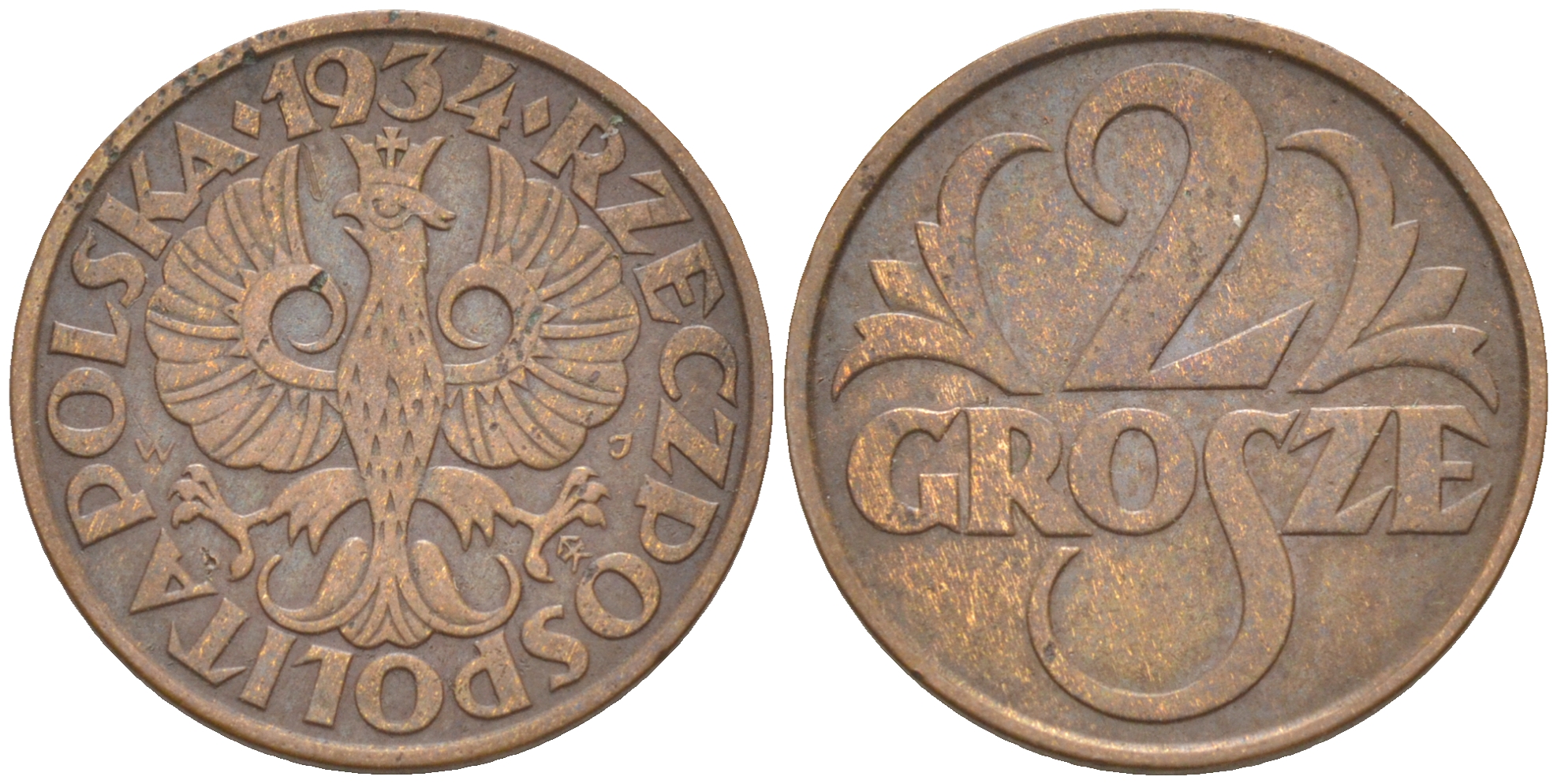 ПОЛЬША 2 ГРОША 1934 w KM 9a бронза 187-563