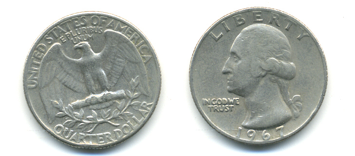 США 25 центов (квотер) 1967 Вашингтон KM 164а медь плакированная медно-никелем 93-1122